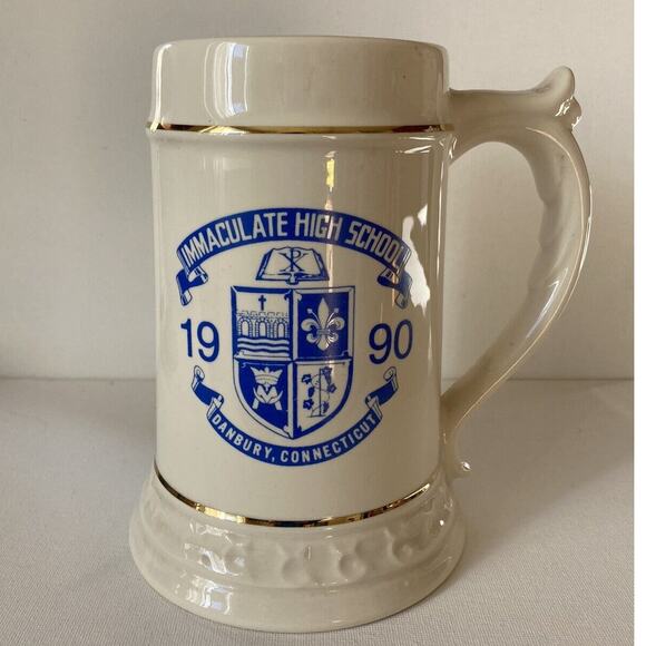 IMMACULATE HIGH SCHOOL DANBURY CT Stein Class 1990 24 Fl Oz Large Cream Blue - Picture 1 of 7
